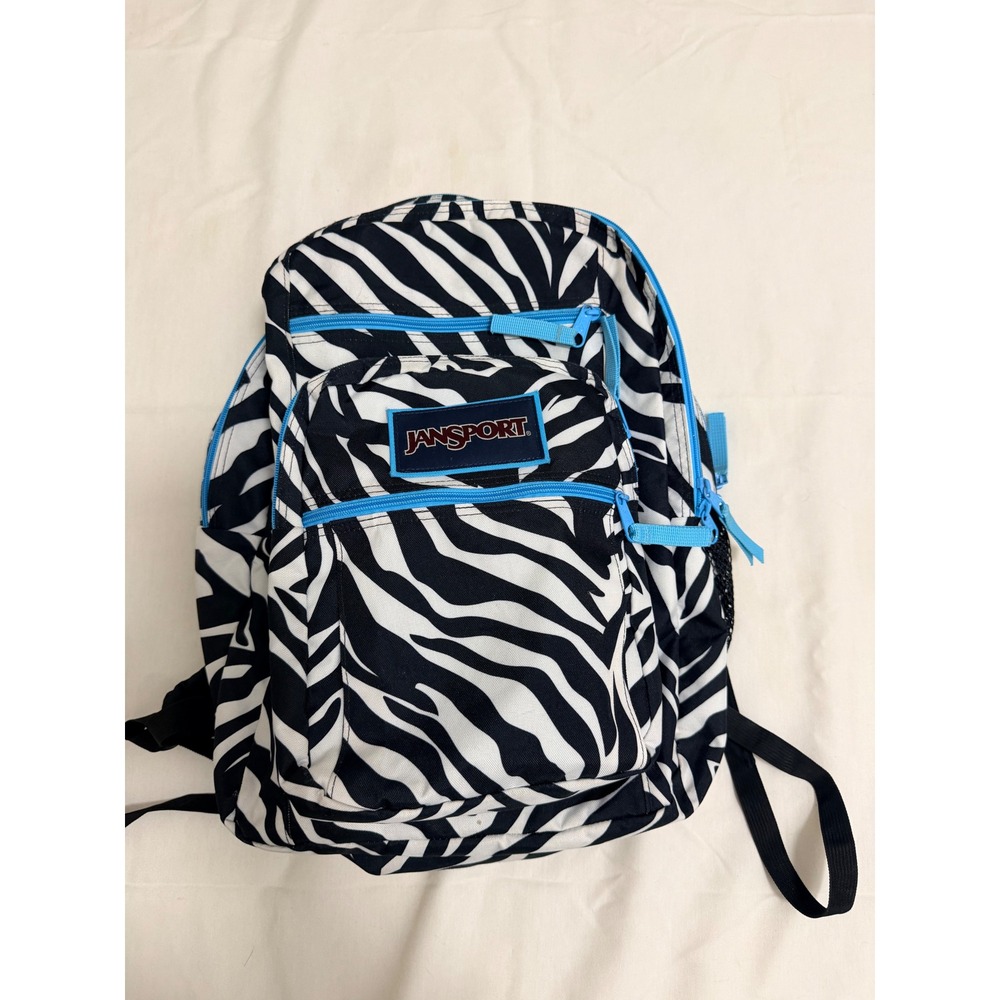 JanSport Big Student Backpack Zebra Print Blue Zippers Black White Animal